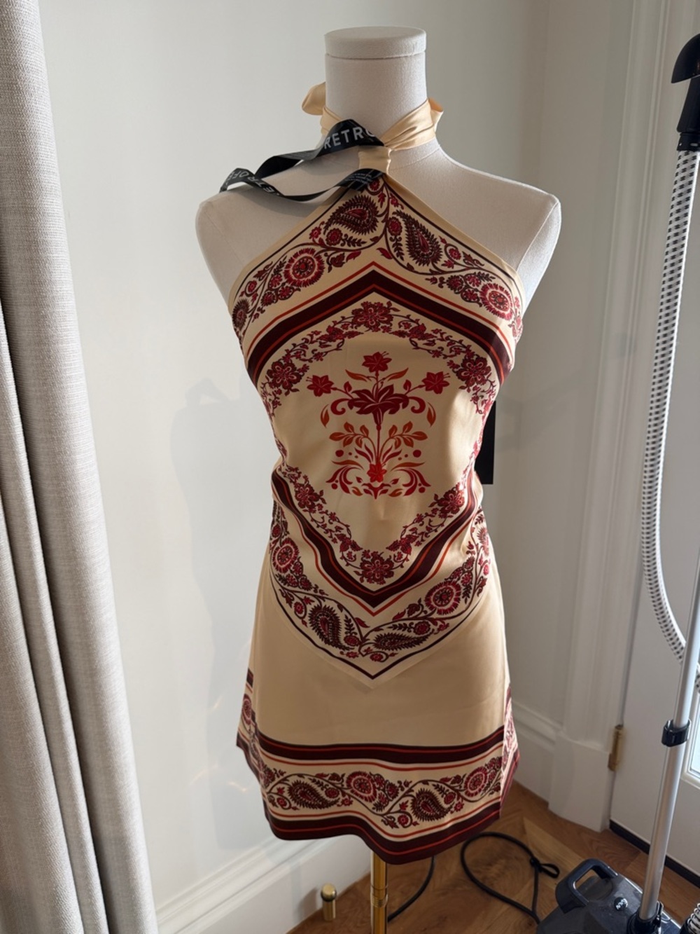 Retrofete Adelaide Silk Halter Mini Dress Open Back Size L